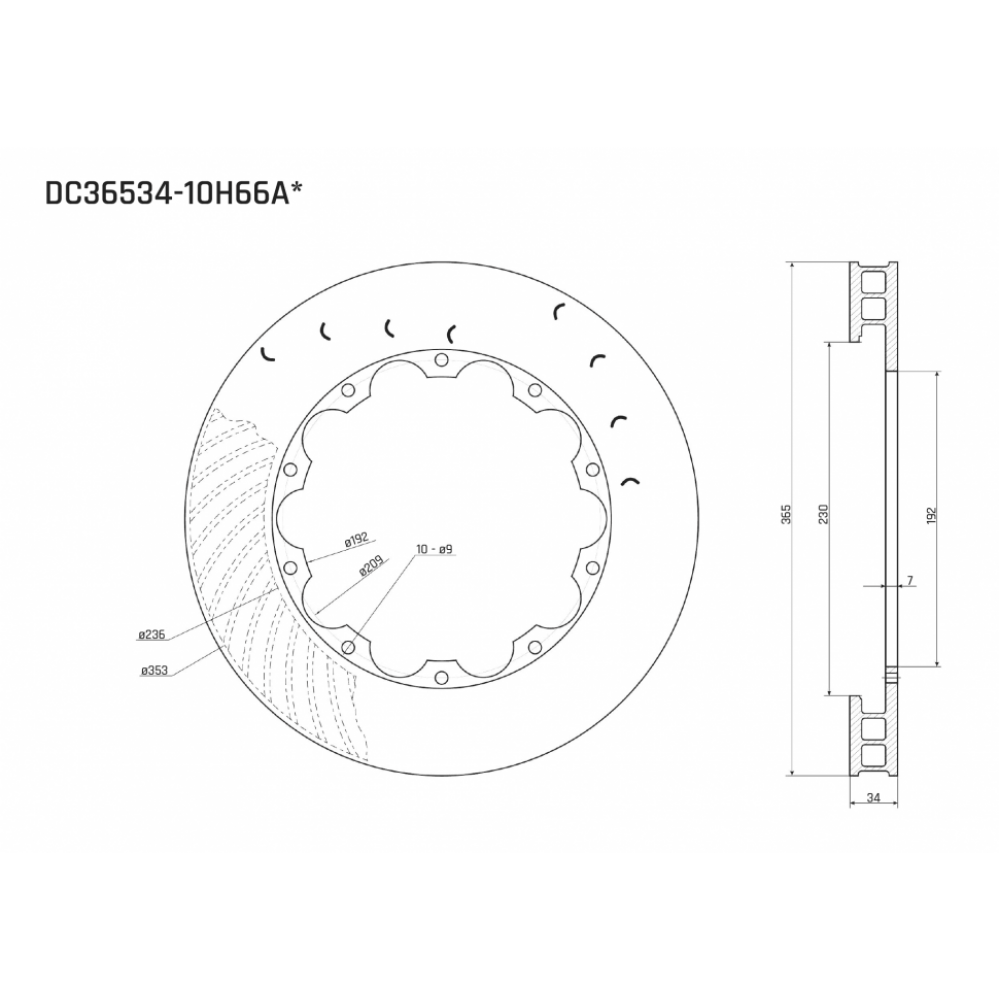 Ротор тормозного диска 365*34mm, DC Brakes DC36534-10H66AR, H крепеж, прав.