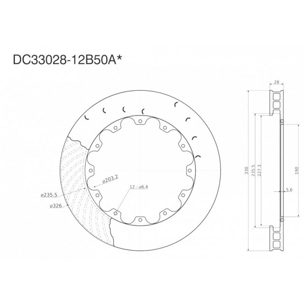 Ротор тормозного диска 330*28mm, DC Brakes DC33028-12B50AL, крепеж под болты, левый